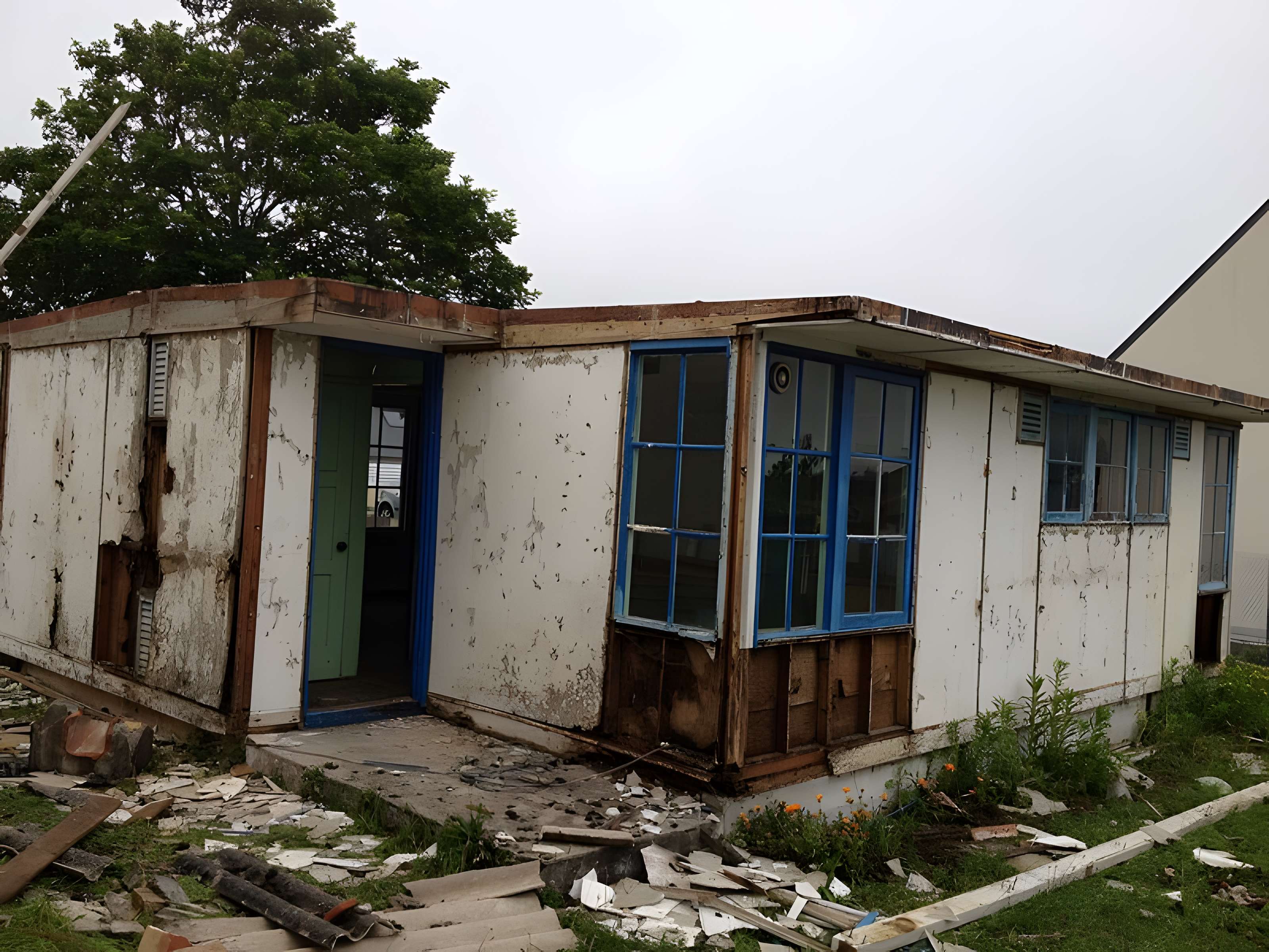 Baraque de type canadien implantée dans la cité de l'habitat provisoire de Soye