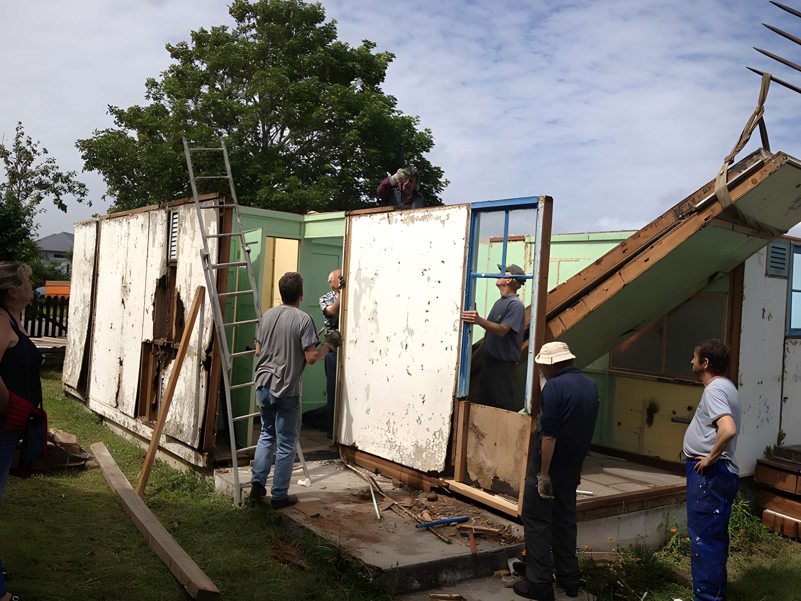 Baraque de type canadien implantée dans la cité de l'habitat provisoire de Soye