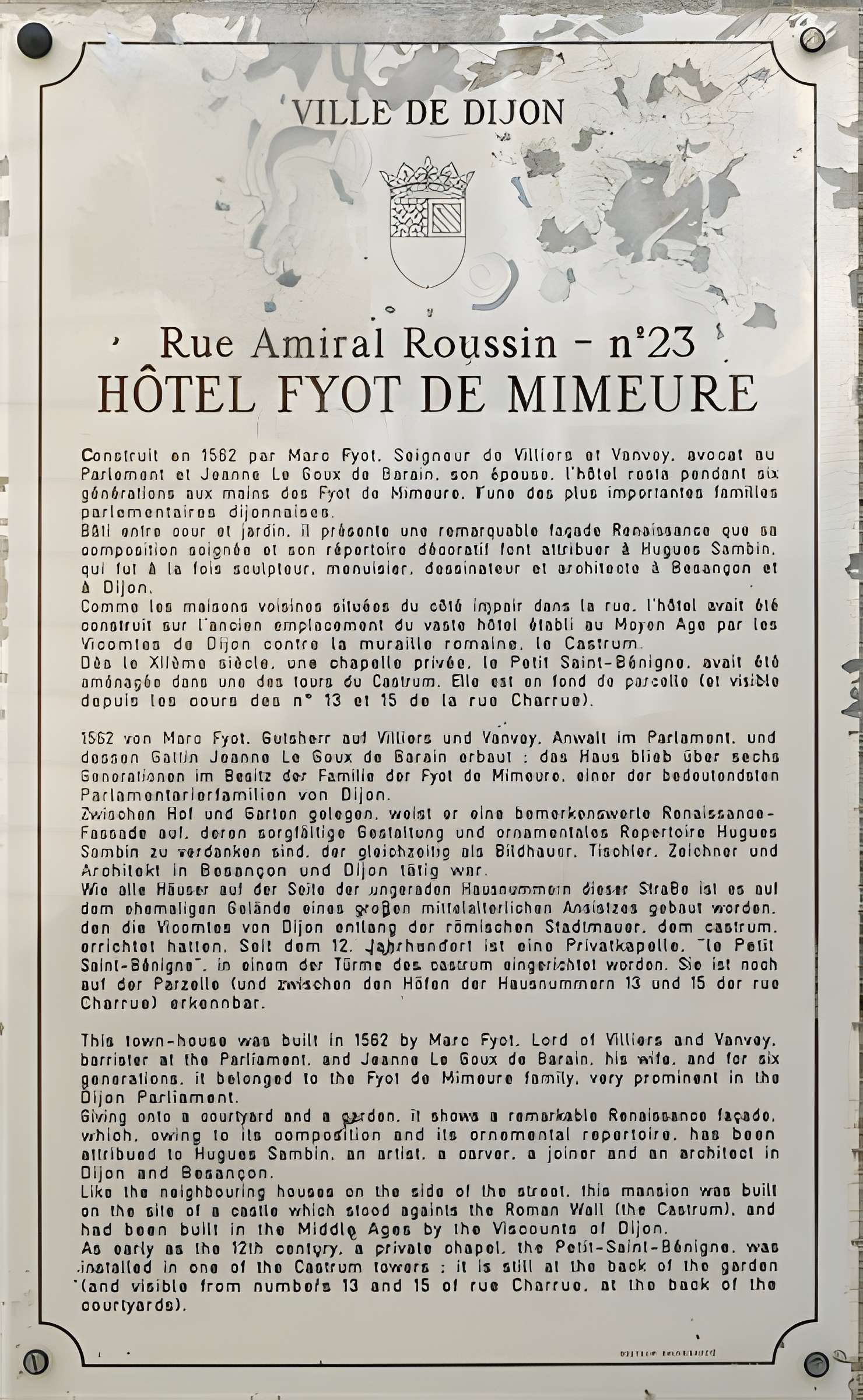Hôtel Fyot-de-Mimeure à Dijon