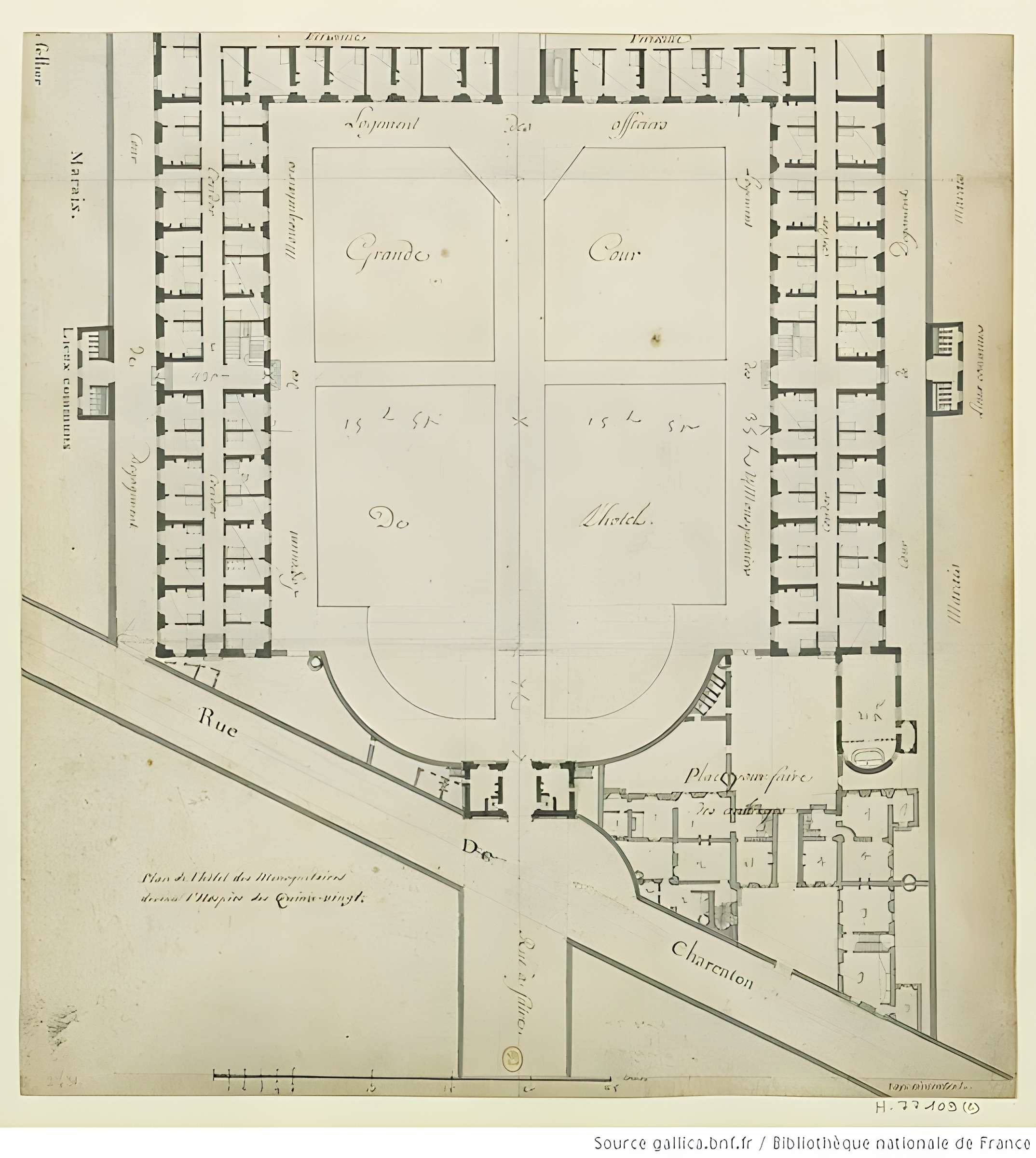 Ancienne caserne des Mousquetaires Noirs, dans l'actuel Hôpital des Quinze-Vingts (Centre d'ophtalmologie)