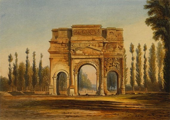 L'arc de triomphe d'Orange en 1842, par Noël Paymal Lerebours. (Crédit photo : domaine public sur Wikipédia)