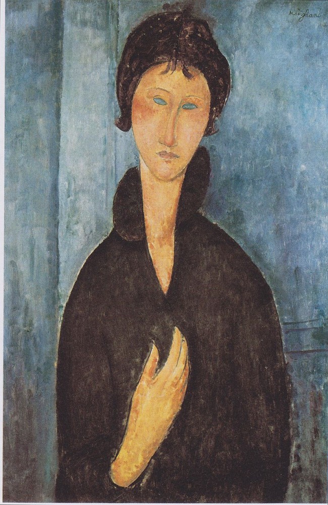 Amedeo Modigliani, La Dame aux yeux bleus, huile sur toile de 81 × 54 cm, vers 1918 (Musée d'Art moderne de la ville de Paris). Domaine public