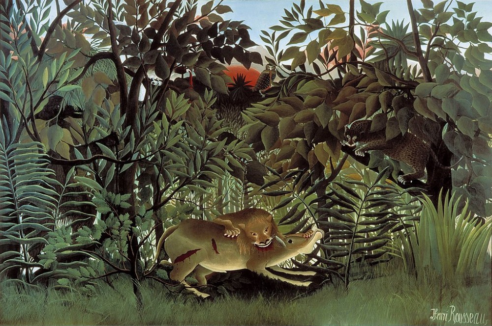 Le Douanier Rousseau : Le lion, ayant faim, se jette sur l'antilope (1898-1905). Domaine public
