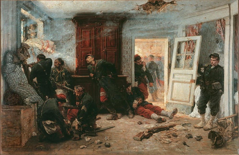 Les dernières cartouches : Tableau d'Alphonse-Marie-Adolphe de Neuville, en 1873, qui illustre la défense de l'Auberge Bourgerie à Bazeilles par la Division bleue, le 1er septembre 1870. Domaine public